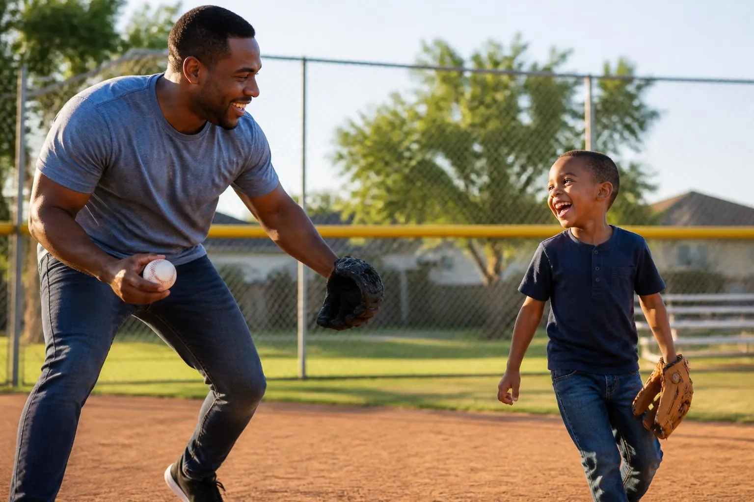 Padre e hijo jugando a la pelota en un campo de béisbol