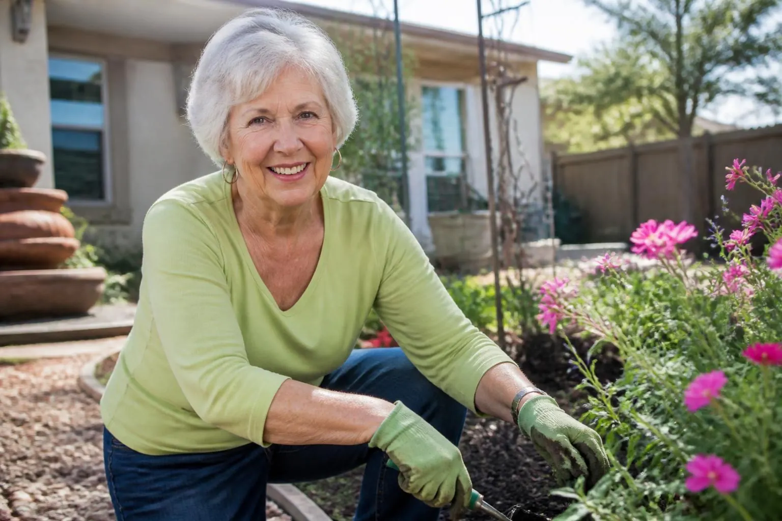 Mujer mayor sonriente trabajando en su jardín