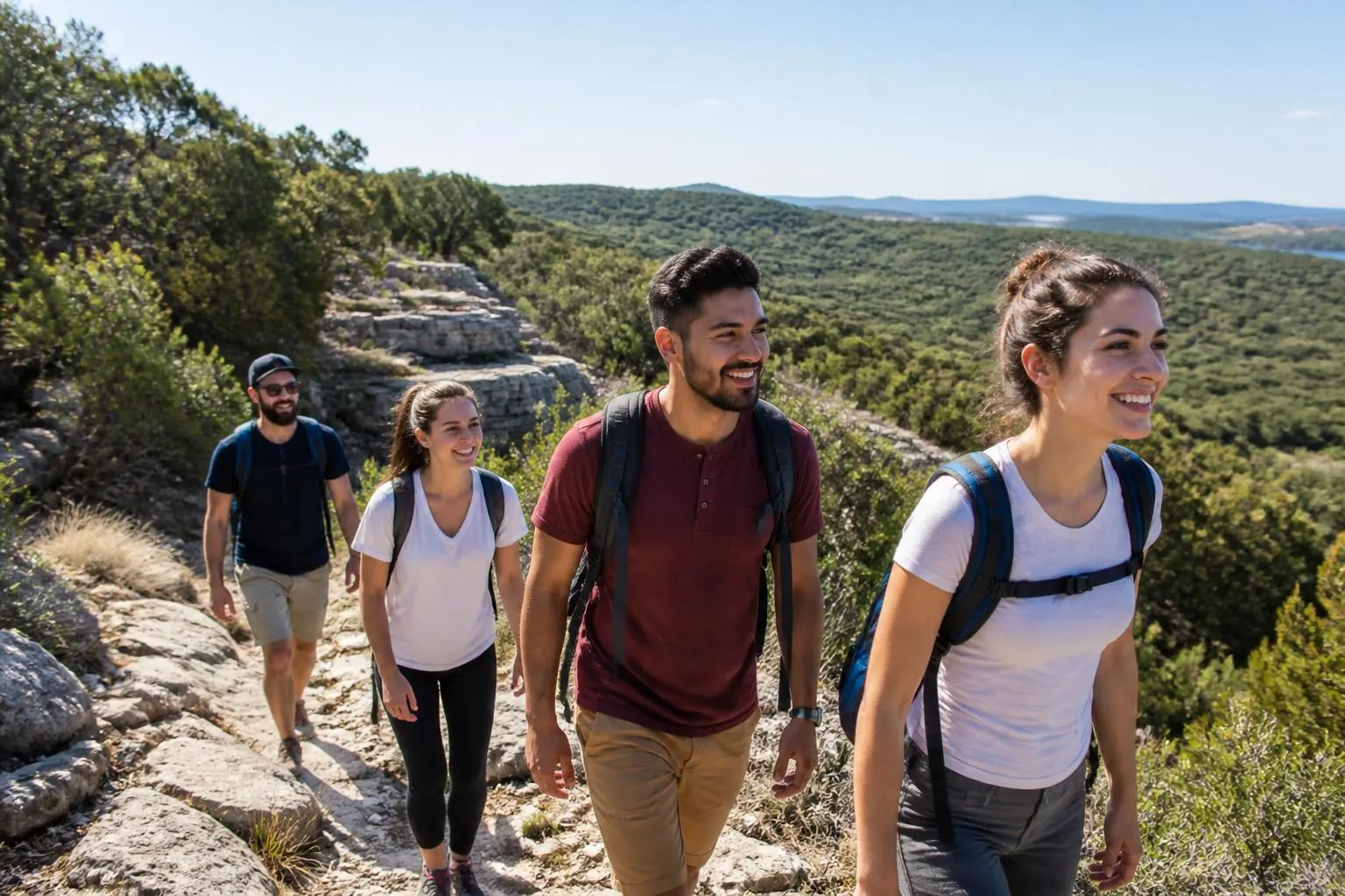 Amigos caminando por un sendero de piedra caliza en las colinas de Texas