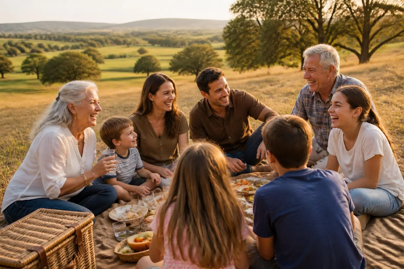 Three generations of a family on a picnic in the countryside