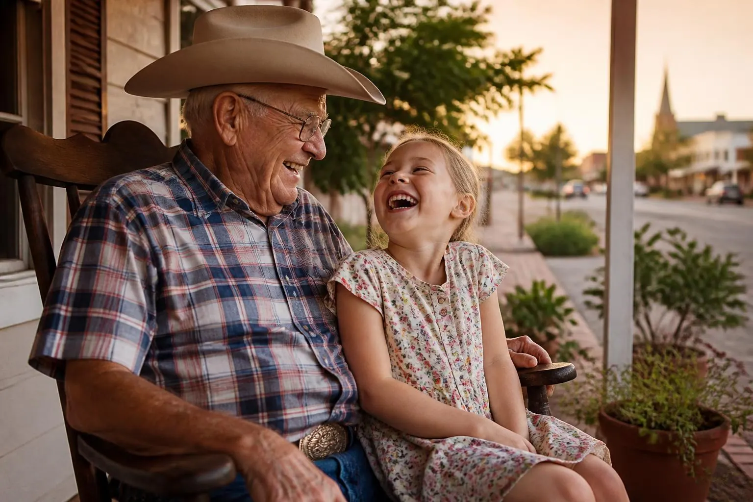 Grandfather and granddaughter laughing on a front porch