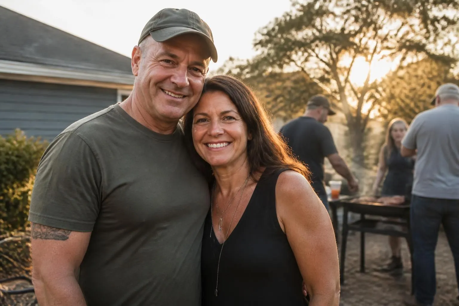 Pareja sonriente en una parrillada en el patio
