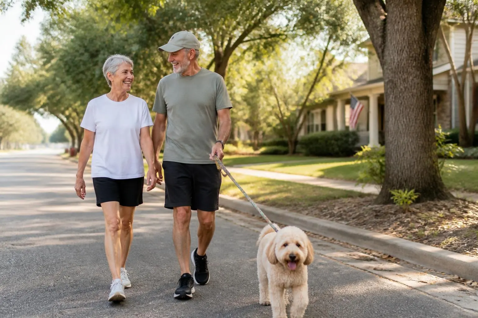 Older couple smiling while walking their dog